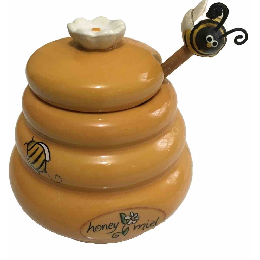 Ceramic Honey Miel Lidded Beehive Pot Jar Container w/Bumble Bee Honey Dipper